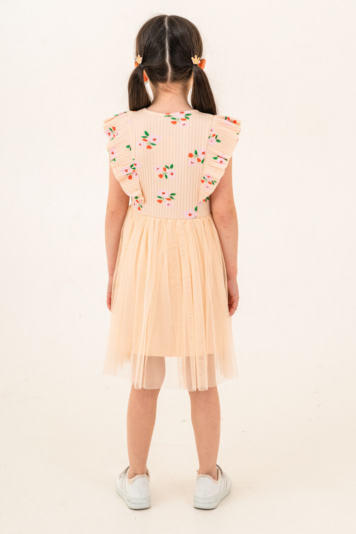 Kız Çocuk 2-7 Yaş Çiçek Desenli Tüllü Elbise Bej 009-3