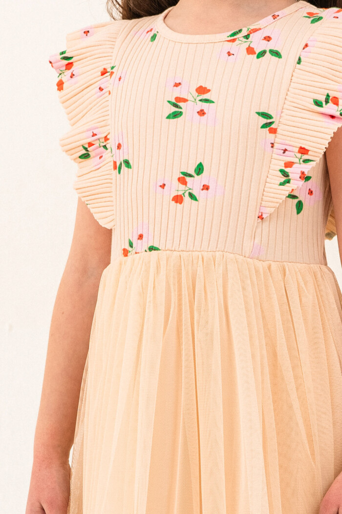 Kız Çocuk 2-7 Yaş Çiçek Desenli Tüllü Elbise Bej 009-3