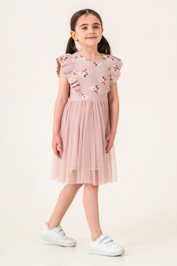 Kız Çocuk 2-7 Yaş Çiçek Desenli Tüllü Elbise Lila 009-2