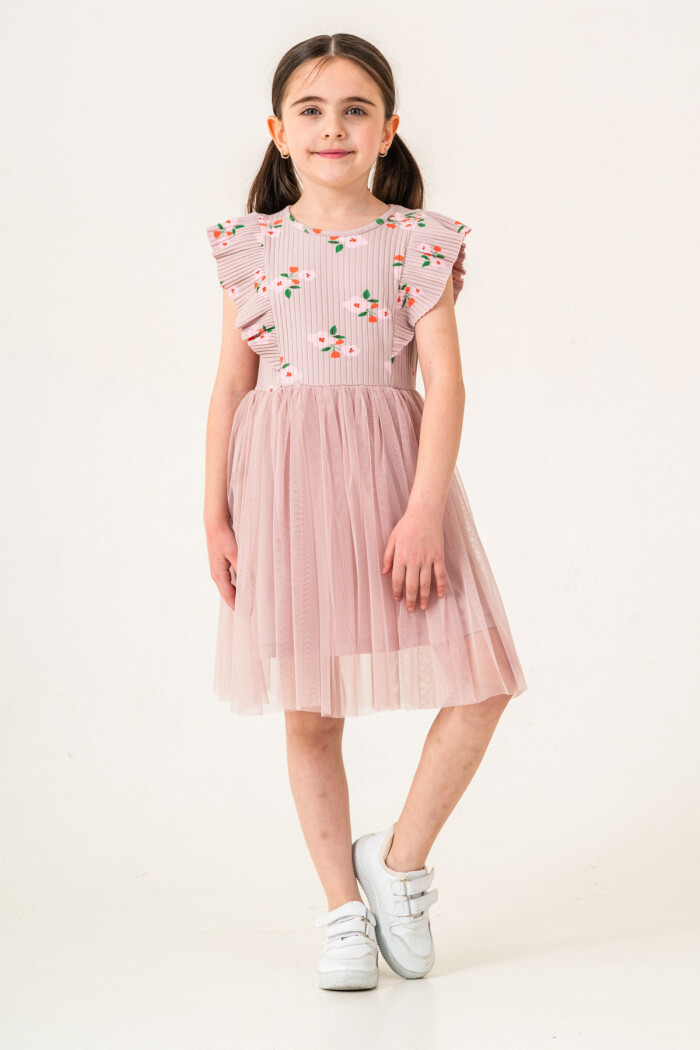 Kız Çocuk 2-7 Yaş Çiçek Desenli Tüllü Elbise Lila 009-2