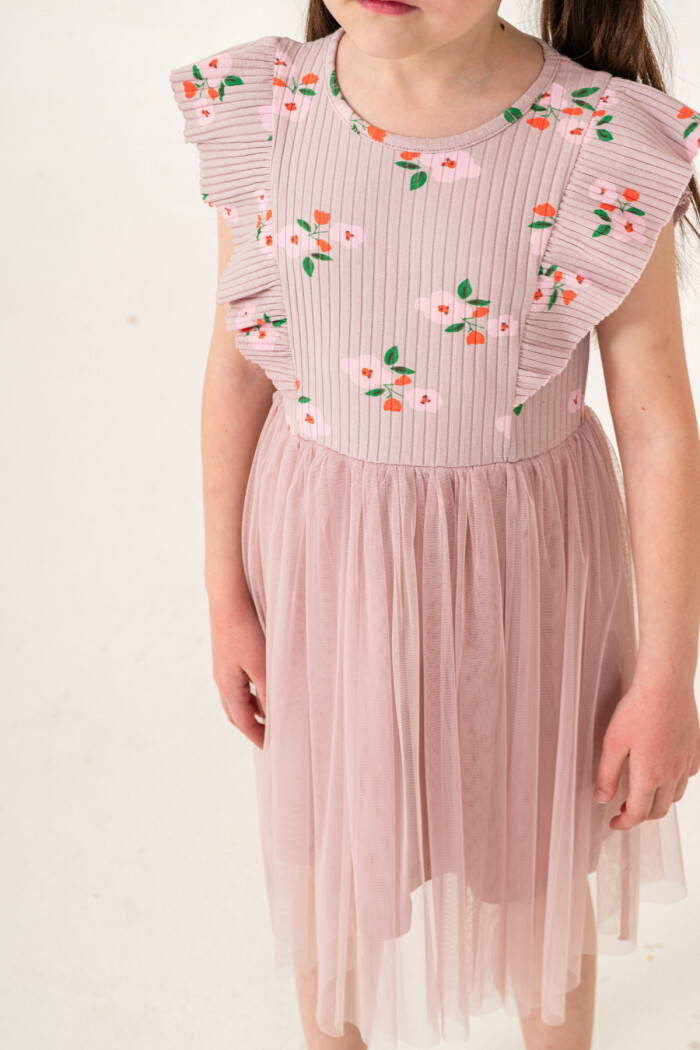 Kız Çocuk 2-7 Yaş Çiçek Desenli Tüllü Elbise Lila 009-2