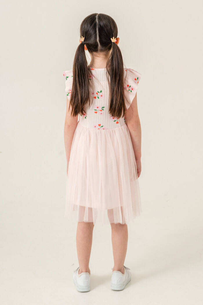 Kız Çocuk 2-7 Yaş Çiçek Desenli Tüllü Elbise Pudra 009-1