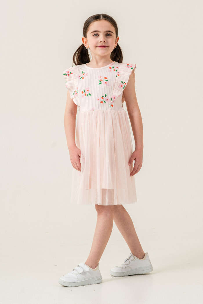 Kız Çocuk 2-7 Yaş Çiçek Desenli Tüllü Elbise Pudra 009-1