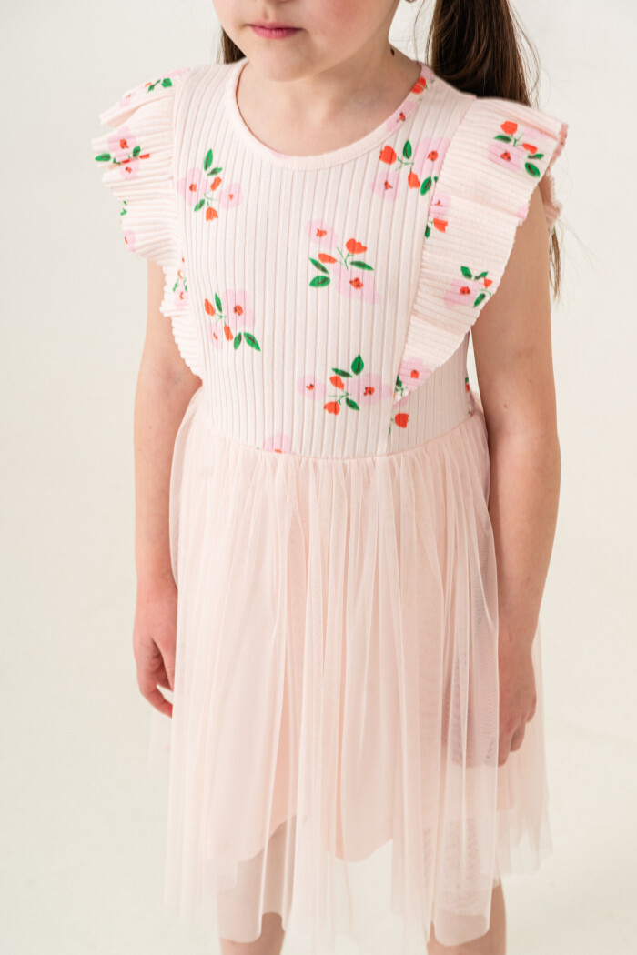 Kız Çocuk 2-7 Yaş Çiçek Desenli Tüllü Elbise Pudra 009-1