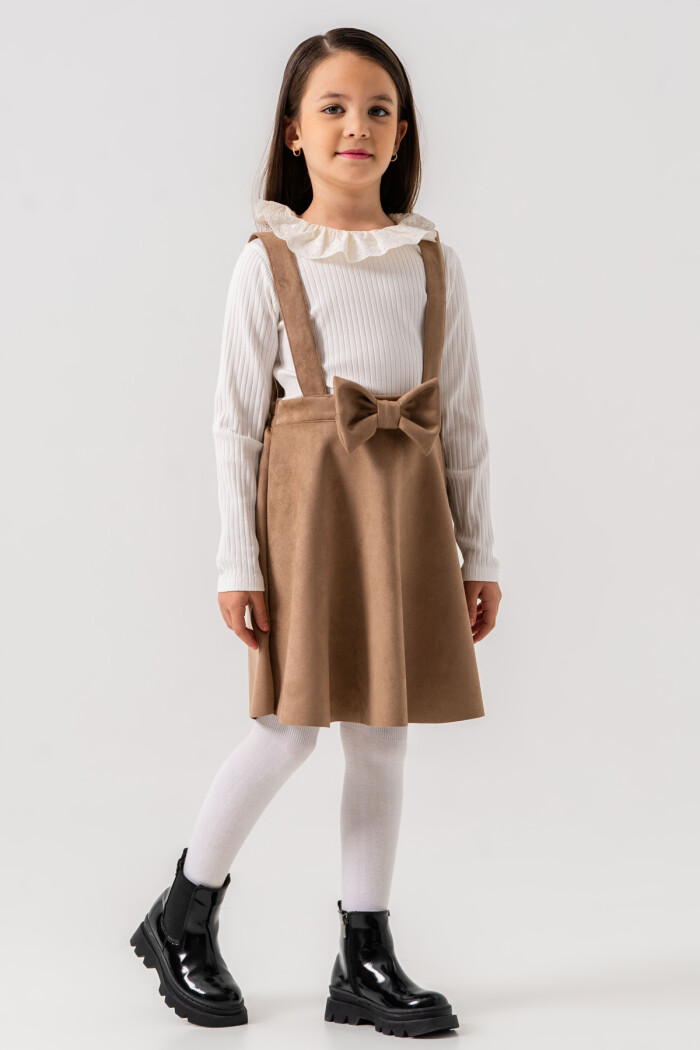 Kız Çocuk Bej Askılı Dantel Yaka Kurdele Detaylı 3-7 Yaş Badili Elbise - 3703-1