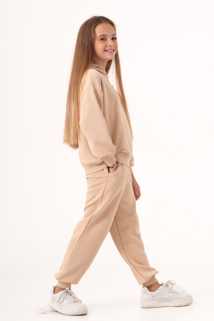 Kız Çocuk Bej Bisiklet Yaka Ribana Paça 5-9 Yaş Takım - 3577-2