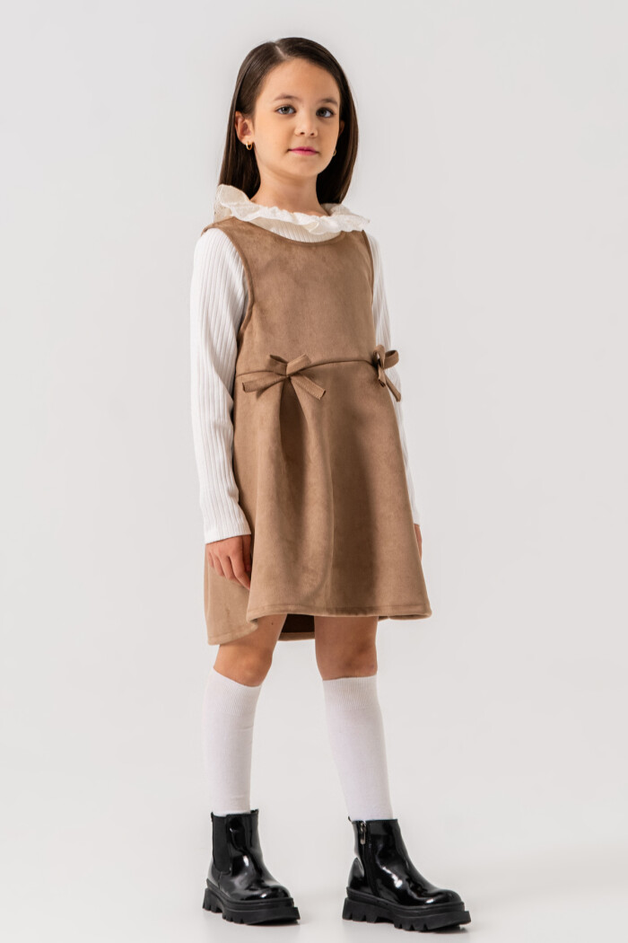 Kız Çocuk Bej Dantel Yaka Kurdele Detaylı 3-7 Yaş Badili Elbise - 3702-2