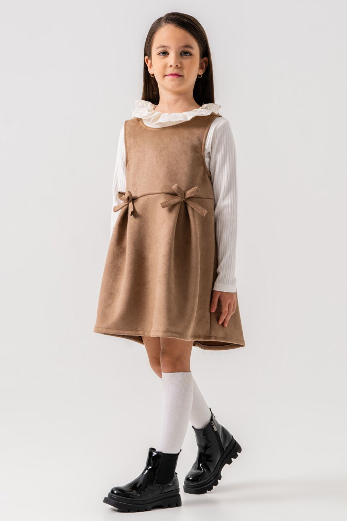 Kız Çocuk Bej Dantel Yaka Kurdele Detaylı 3-7 Yaş Badili Elbise - 3702-2
