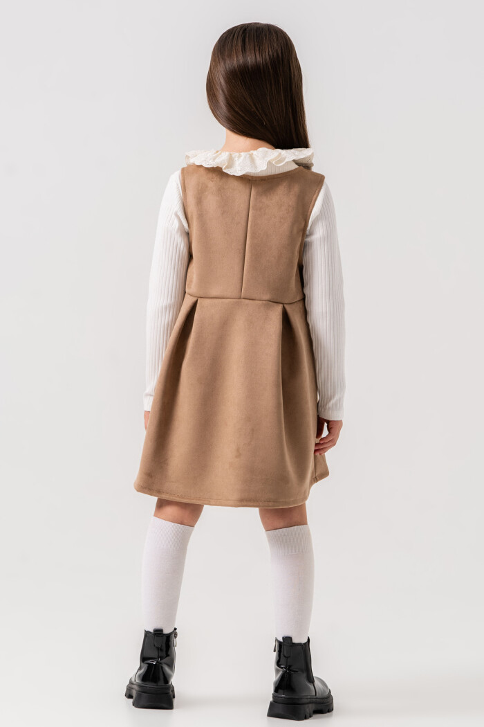 Kız Çocuk Bej Dantel Yaka Kurdele Detaylı 3-7 Yaş Badili Elbise - 3702-2