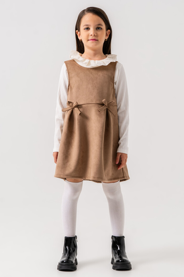 Kız Çocuk Bej Dantel Yaka Kurdele Detaylı 3-7 Yaş Badili Elbise - 3702-2