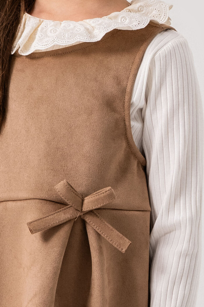 Kız Çocuk Bej Dantel Yaka Kurdele Detaylı 3-7 Yaş Badili Elbise - 3702-2