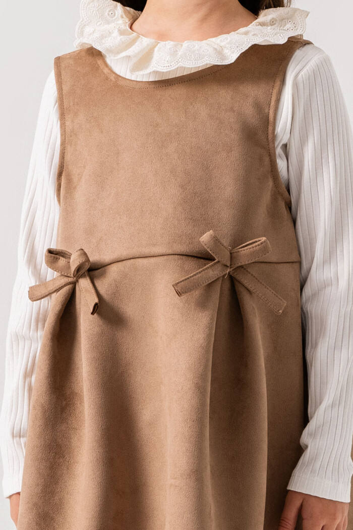 Kız Çocuk Bej Dantel Yaka Kurdele Detaylı 3-7 Yaş Badili Elbise - 3702-2