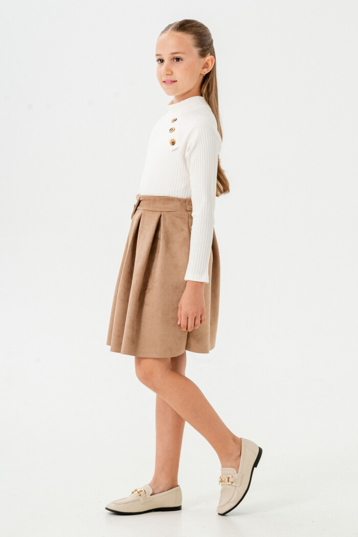 Kız Çocuk Bej Düğme Detaylı Süet 5-9 Yaş Etekli Takım 3709-1