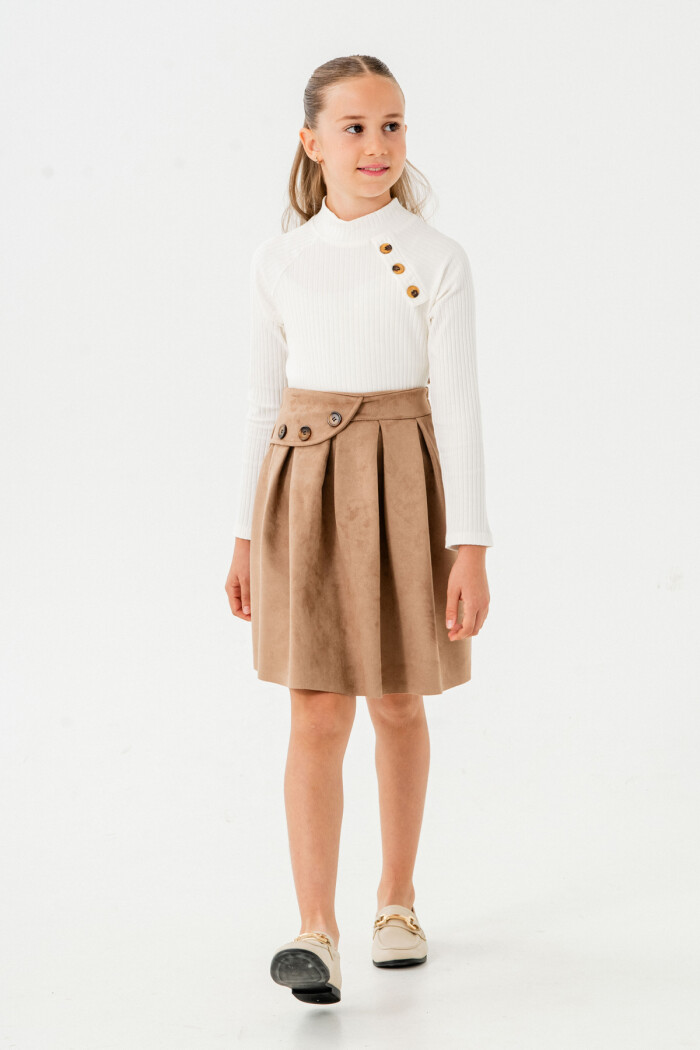 Kız Çocuk Bej Düğme Detaylı Süet 5-9 Yaş Etekli Takım 3709-1