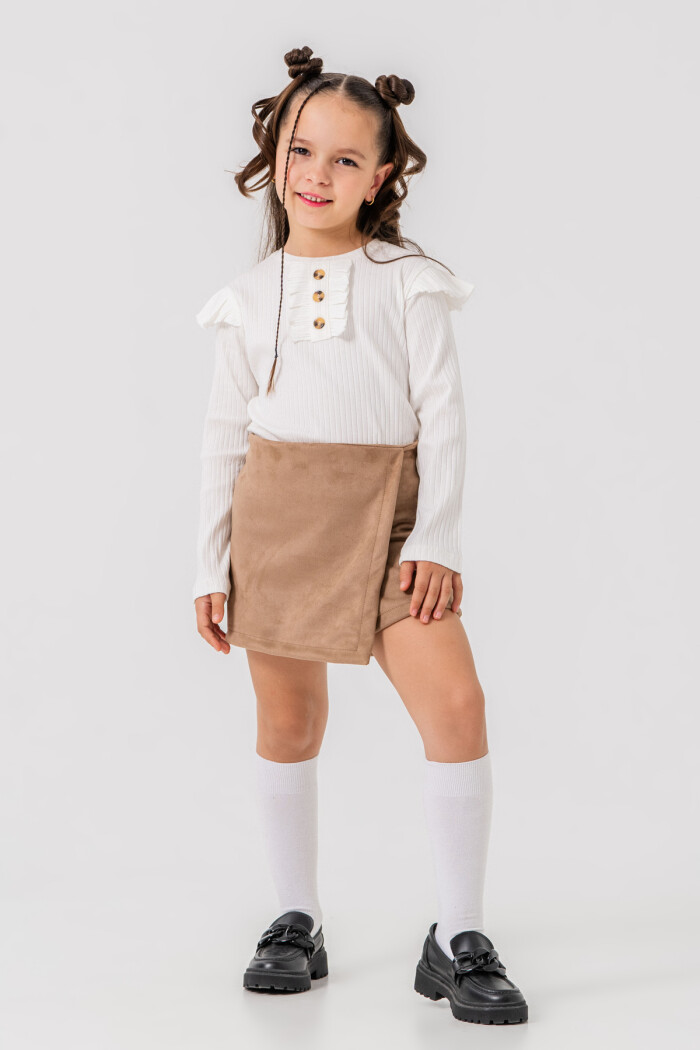 Kız Çocuk Bej Düğme ve Omuz Detaylı 3-7 Yaş Süet Şort Etekli Takım 3710-2