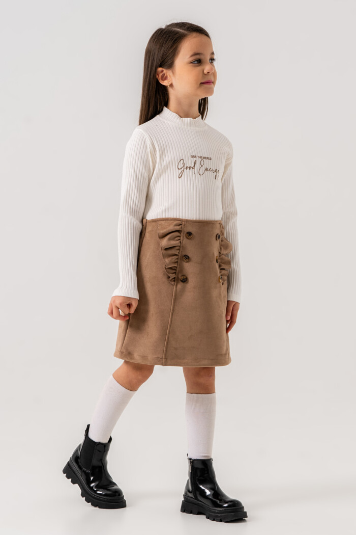 Kız Çocuk Bej Fırfırlı Düğme Detaylı Süet 3-7 Yaş Etekli Takım 3708-4