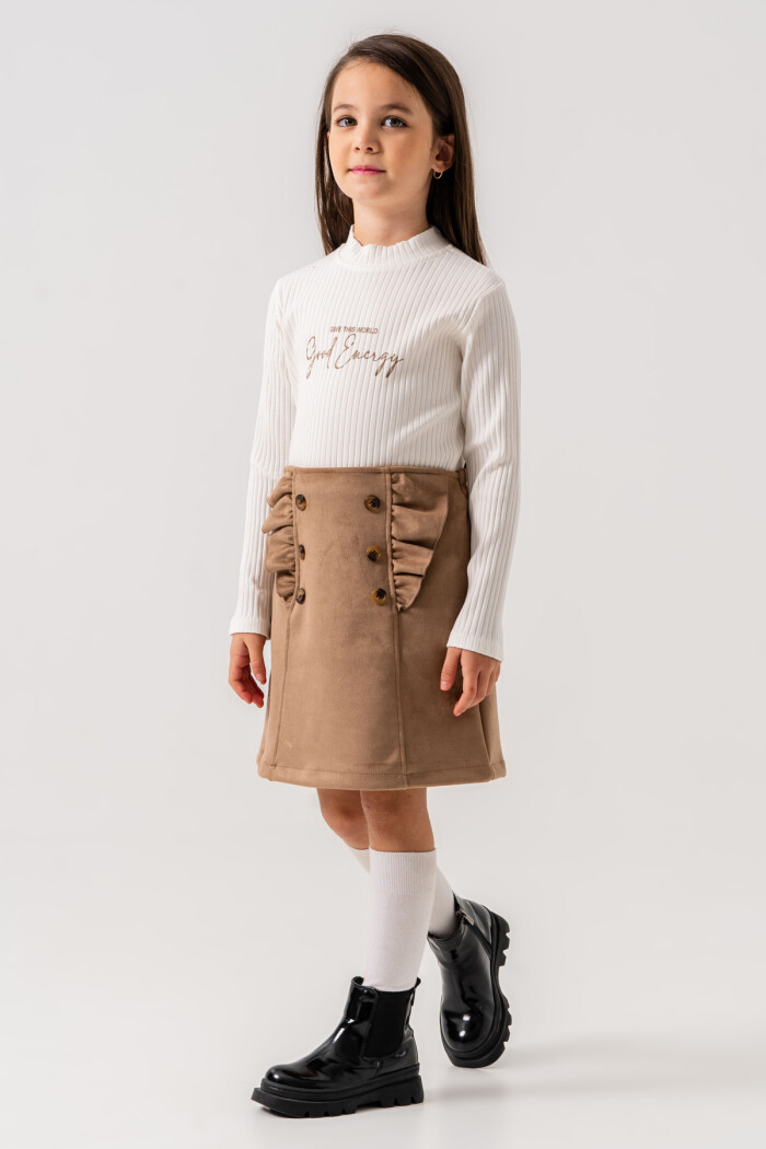 Kız Çocuk Bej Fırfırlı Düğme Detaylı Süet 3-7 Yaş Etekli Takım 3708-4
