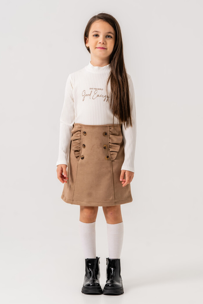 Kız Çocuk Bej Fırfırlı Düğme Detaylı Süet 3-7 Yaş Etekli Takım 3708-4