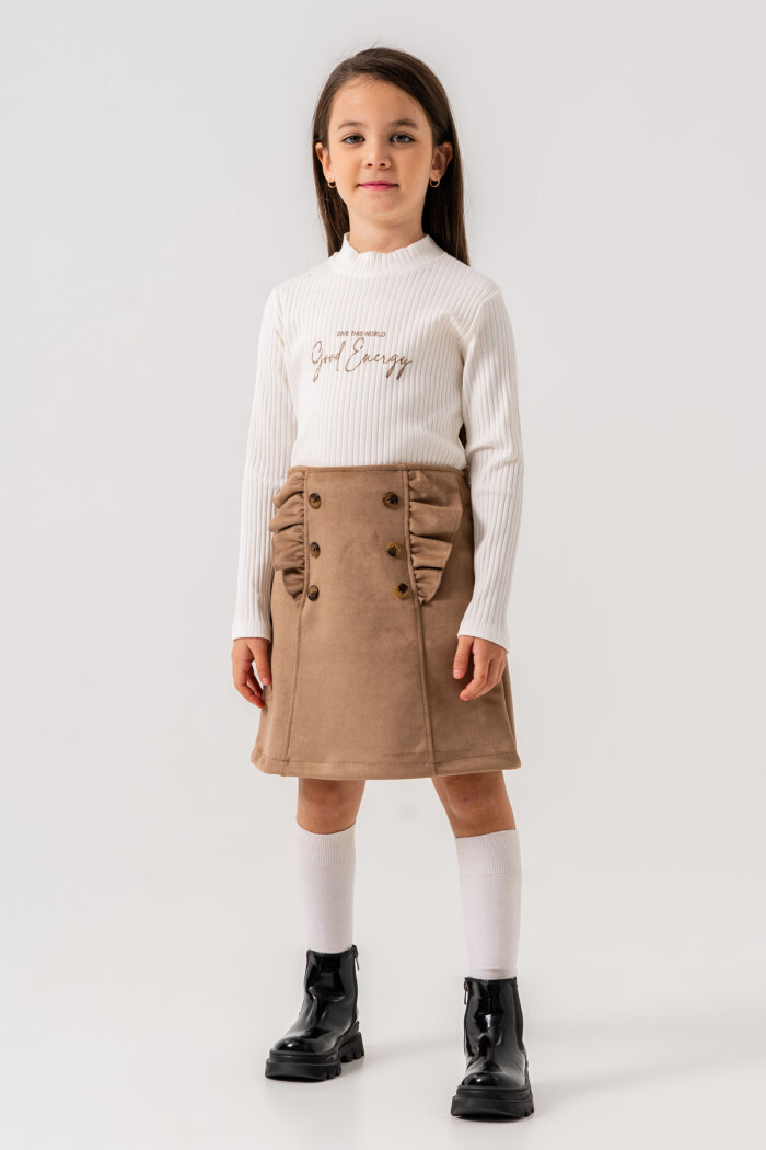 Kız Çocuk Bej Fırfırlı Düğme Detaylı Süet 3-7 Yaş Etekli Takım 3708-4