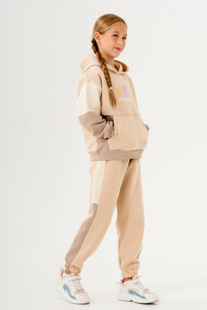 Kız Çocuk Bej Kanguru Cepli 5-9 Yaş Takım - 3610-1