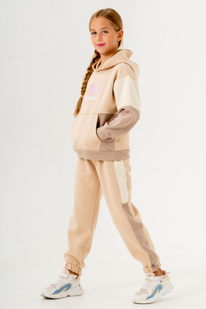 Kız Çocuk Bej Kanguru Cepli 5-9 Yaş Takım - 3610-1