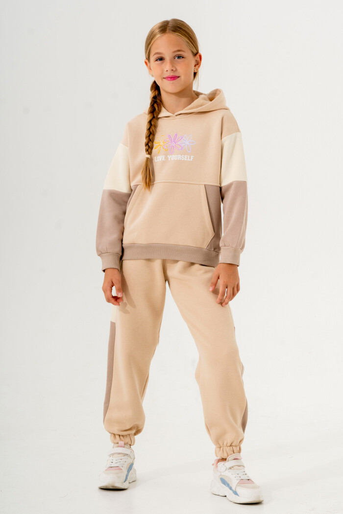 Kız Çocuk Bej Kanguru Cepli 5-9 Yaş Takım - 3610-1