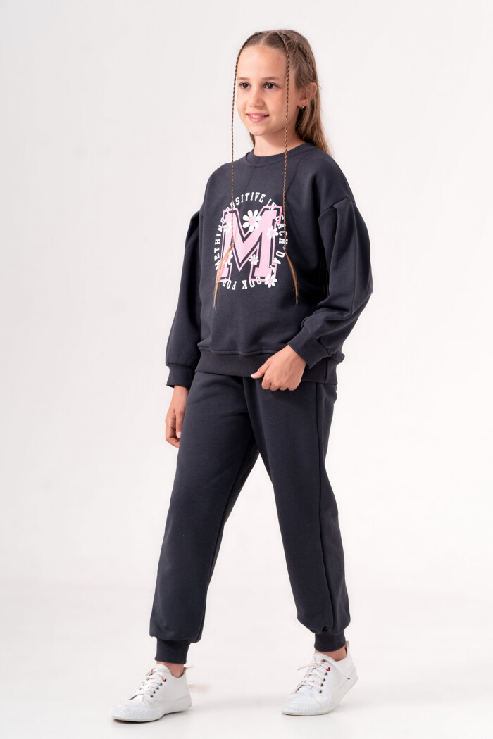 Kız Çocuk Füme Baskılı Ribana Paça 5-9 Yaş Takım - 3573-1