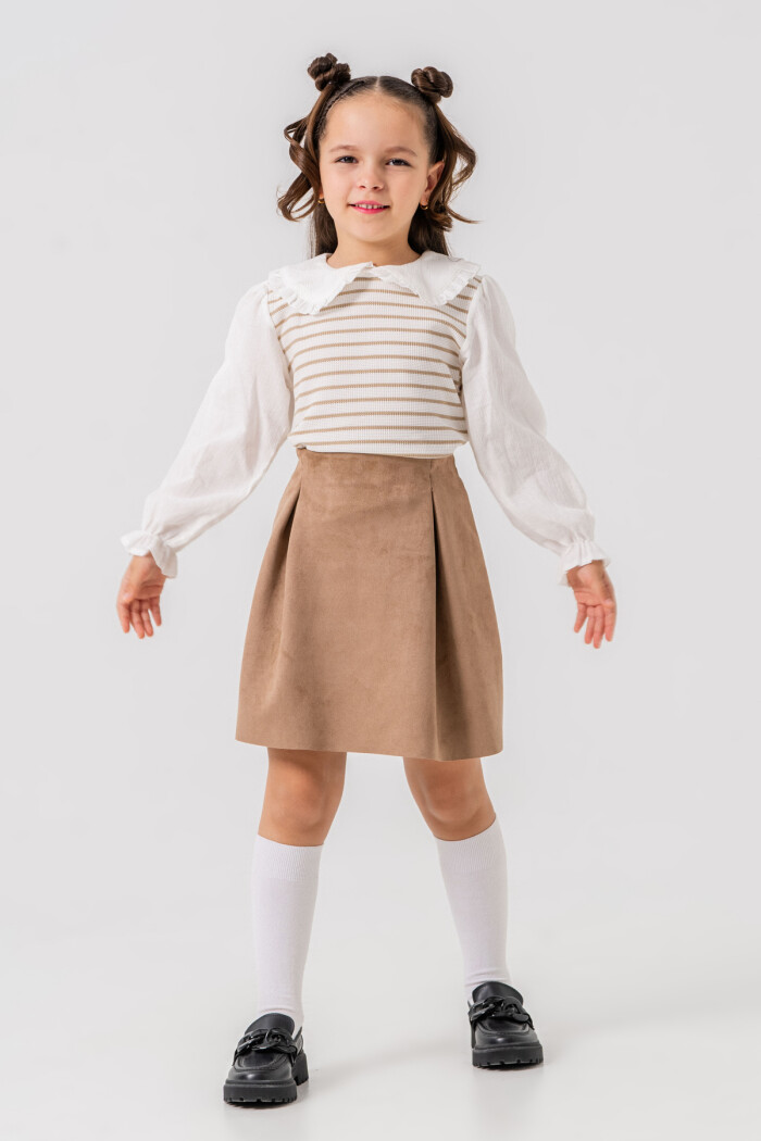 Kız Çocuk Bej Yaka ve Kol Detaylı Çizgili 3-7 Yaş Süet Etekli Takım 3712-4