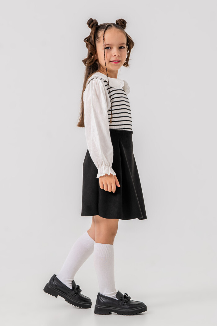 Kız Çocuk Beyaz Yaka ve Kol Detaylı Çizgili 3-7 Yaş Süet Etekli Takım 3712-1