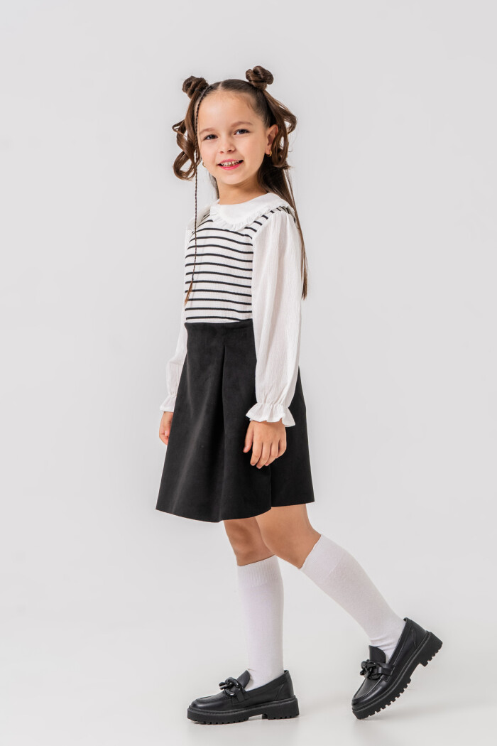 Kız Çocuk Beyaz Yaka ve Kol Detaylı Çizgili 3-7 Yaş Süet Etekli Takım 3712-1