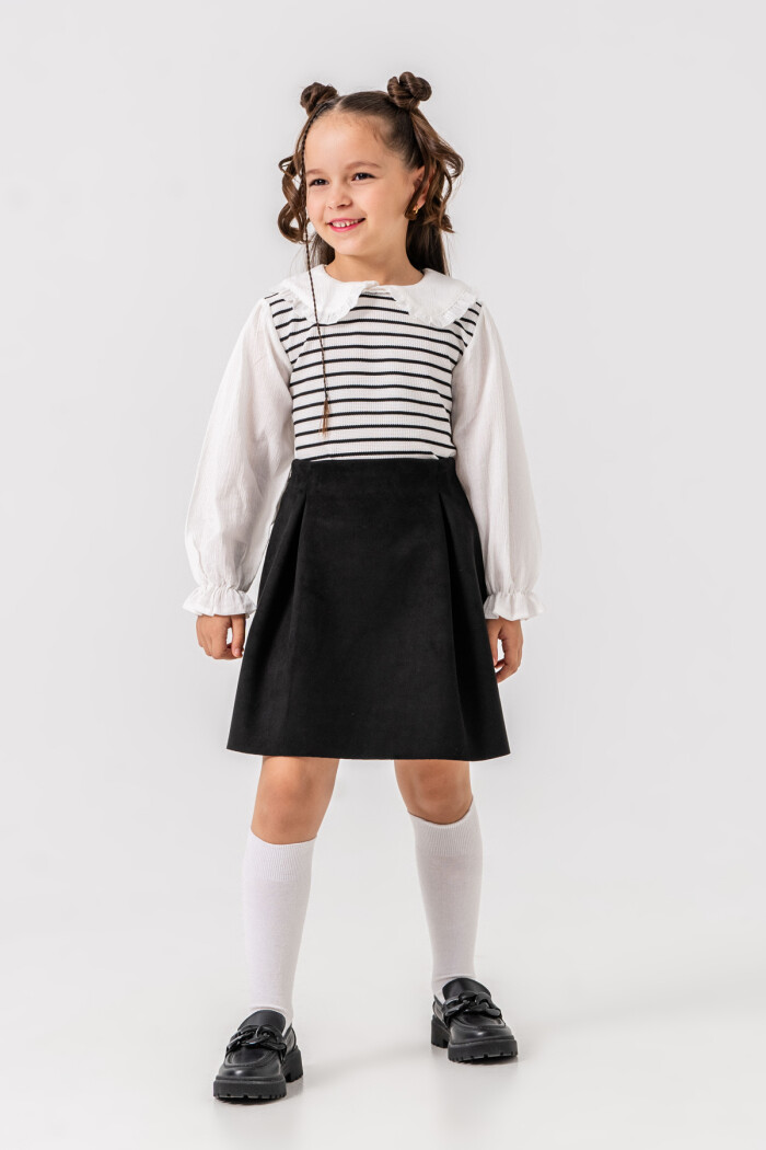 Kız Çocuk Beyaz Yaka ve Kol Detaylı Çizgili 3-7 Yaş Süet Etekli Takım 3712-1