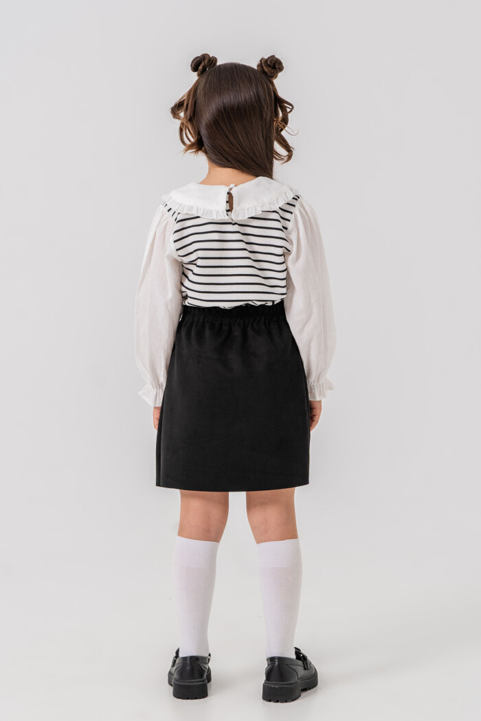 Kız Çocuk Beyaz Yaka ve Kol Detaylı Çizgili 3-7 Yaş Süet Etekli Takım 3712-1