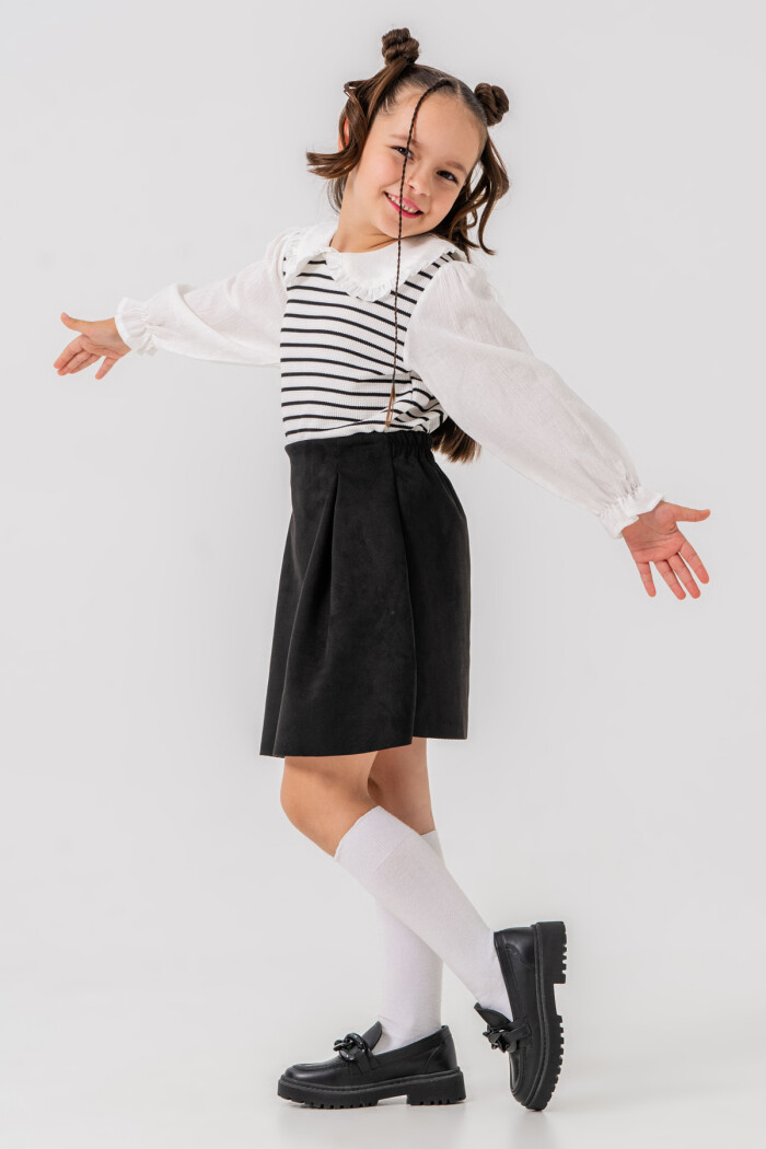 Kız Çocuk Beyaz Yaka ve Kol Detaylı Çizgili 3-7 Yaş Süet Etekli Takım 3712-1