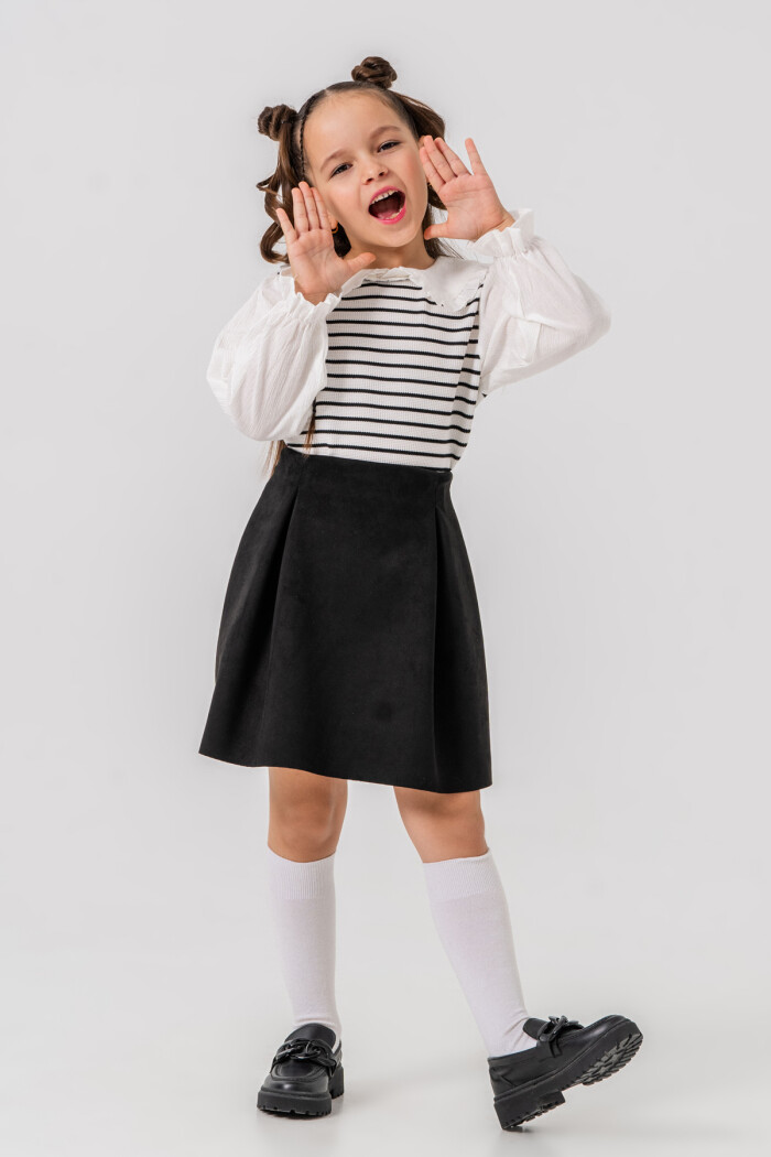 Kız Çocuk Beyaz Yaka ve Kol Detaylı Çizgili 3-7 Yaş Süet Etekli Takım 3712-1