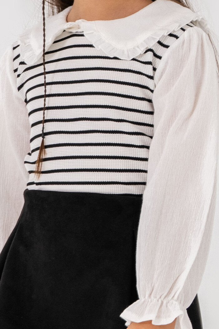 Kız Çocuk Beyaz Yaka ve Kol Detaylı Çizgili 3-7 Yaş Süet Etekli Takım 3712-1