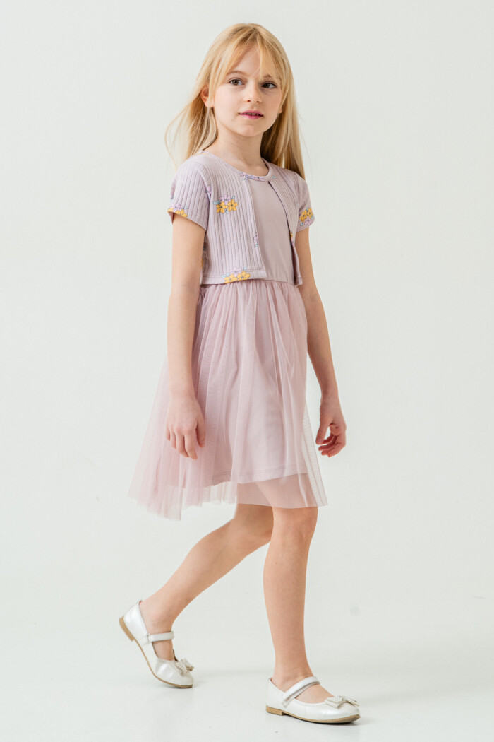 Kız Çocuk Çiçek Desenli Tüllü Elbise 2-7 Yaş Açık Lila 007-3