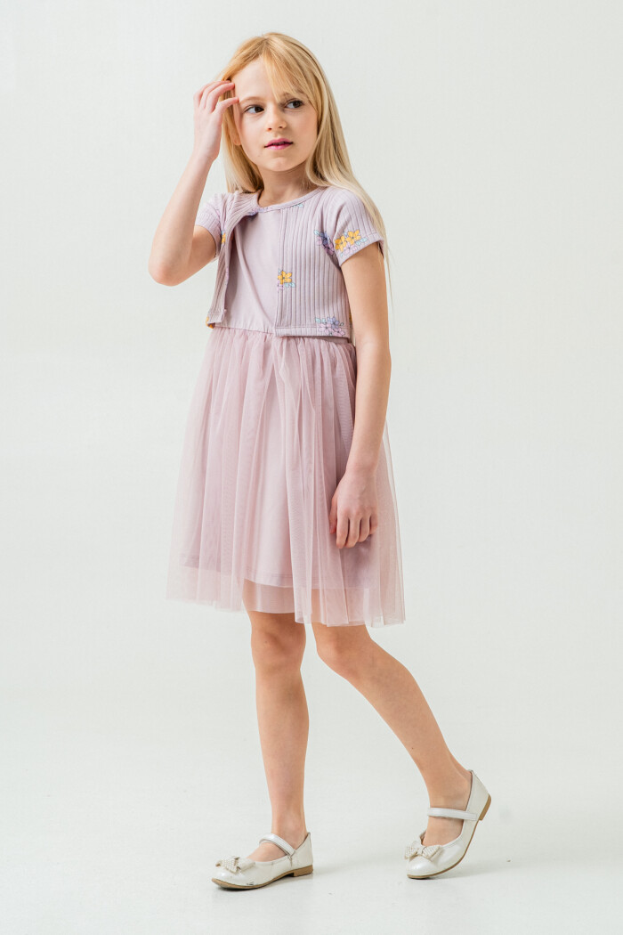 Kız Çocuk Çiçek Desenli Tüllü Elbise 2-7 Yaş Açık Lila 007-3
