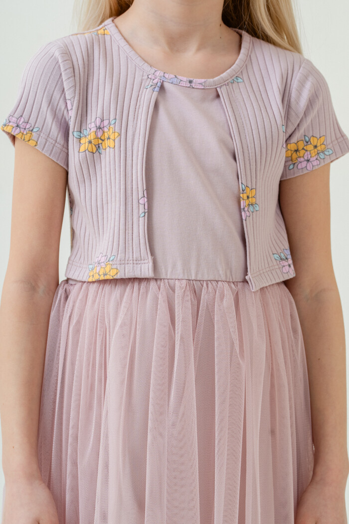 Kız Çocuk Çiçek Desenli Tüllü Elbise 2-7 Yaş Açık Lila 007-3