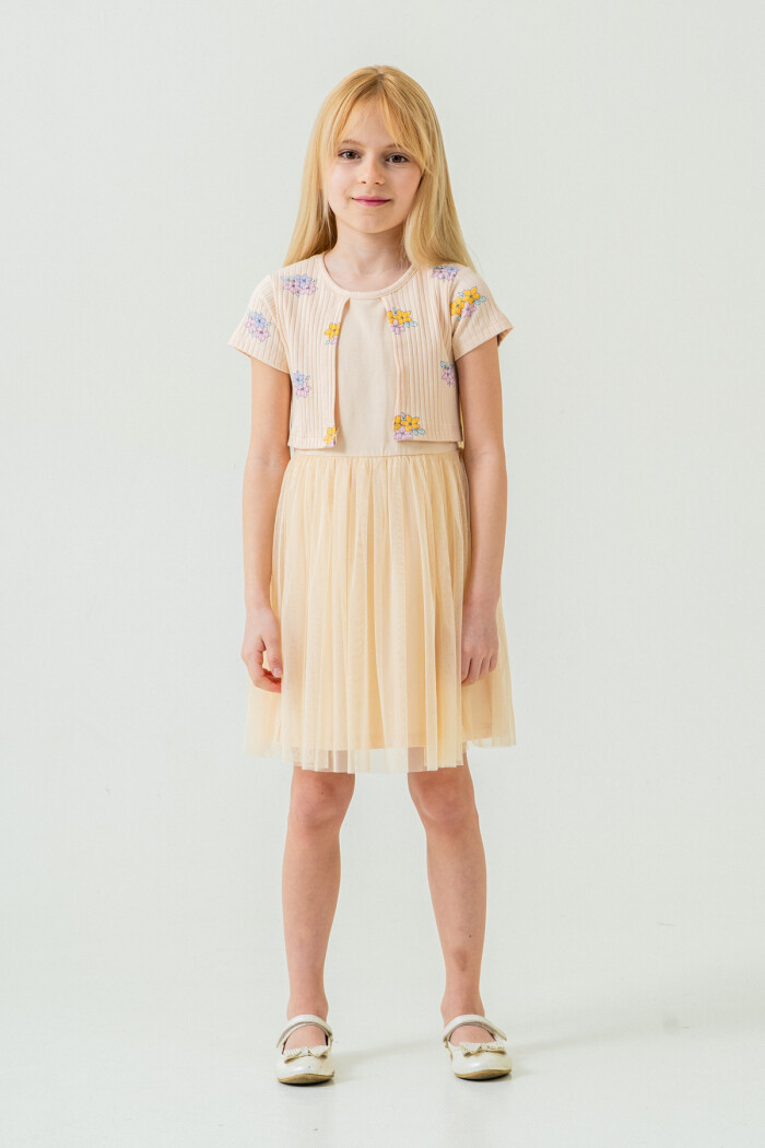 Kız Çocuk Çiçek Desenli Tüllü Elbise 2-7 Yaş Bej 007-1