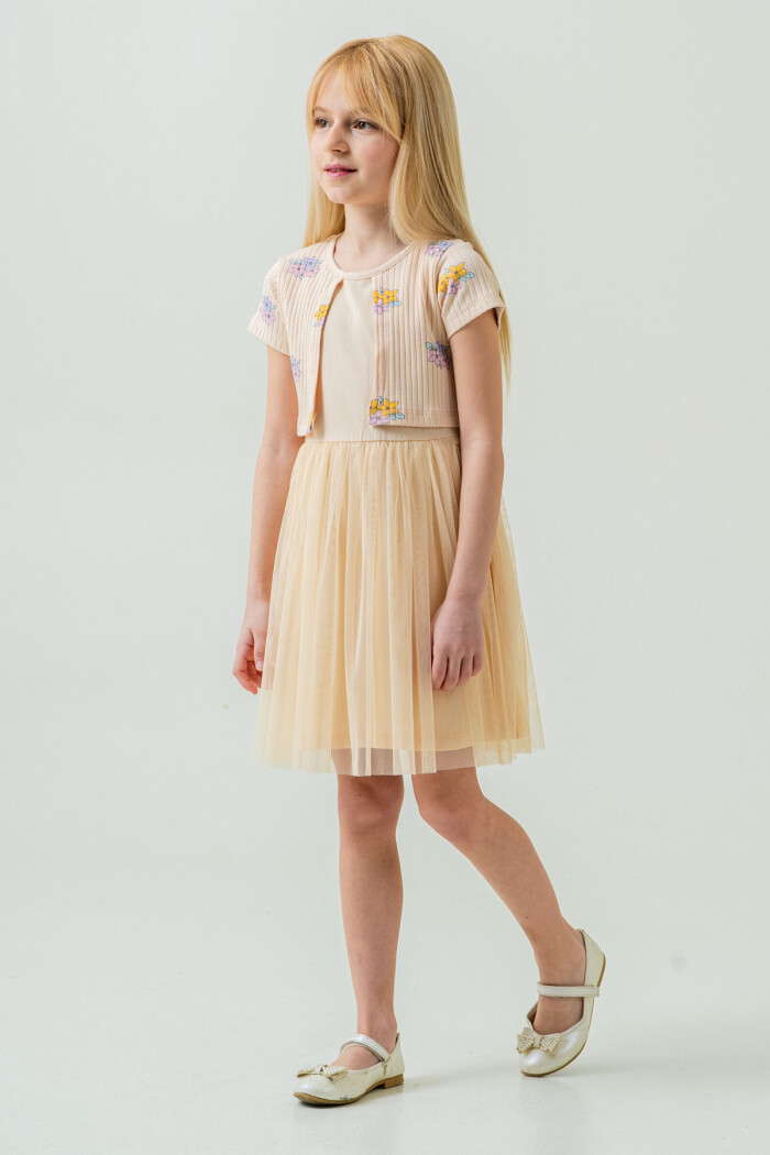 Kız Çocuk Çiçek Desenli Tüllü Elbise 2-7 Yaş Bej 007-1