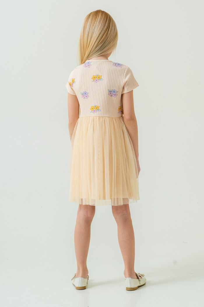 Kız Çocuk Çiçek Desenli Tüllü Elbise 2-7 Yaş Bej 007-1