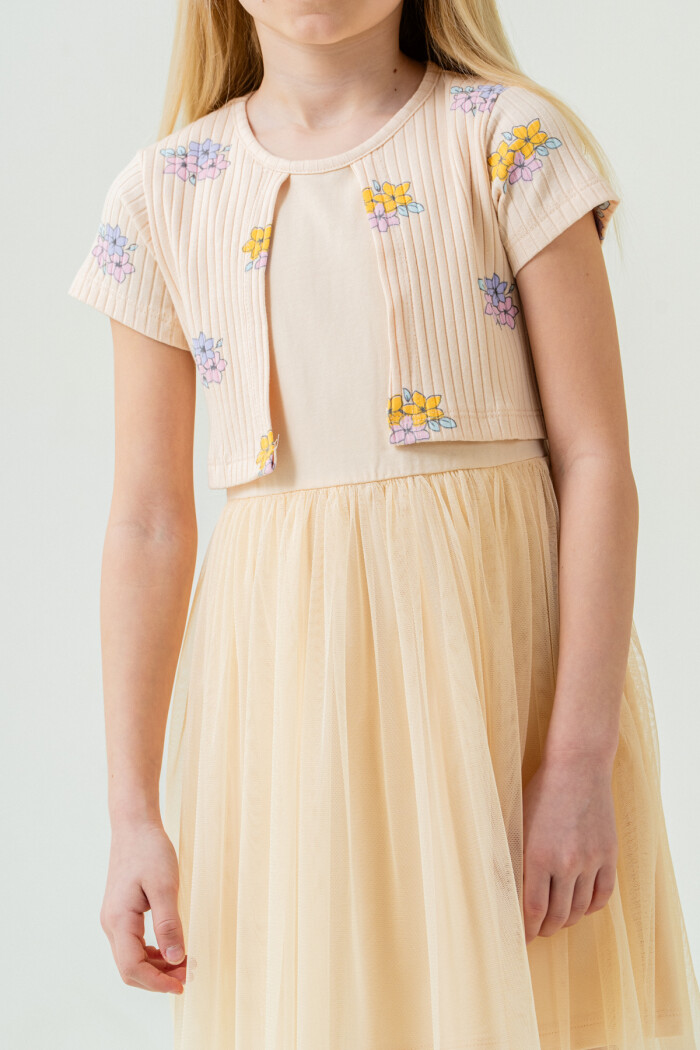 Kız Çocuk Çiçek Desenli Tüllü Elbise 2-7 Yaş Bej 007-1