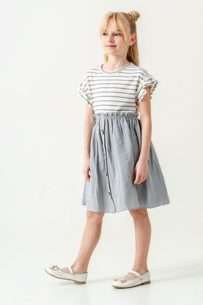 Kız Çocuk Çizgili Düğme Detaylı Elbise 3-7 Yaş Açık Gri 3800-3