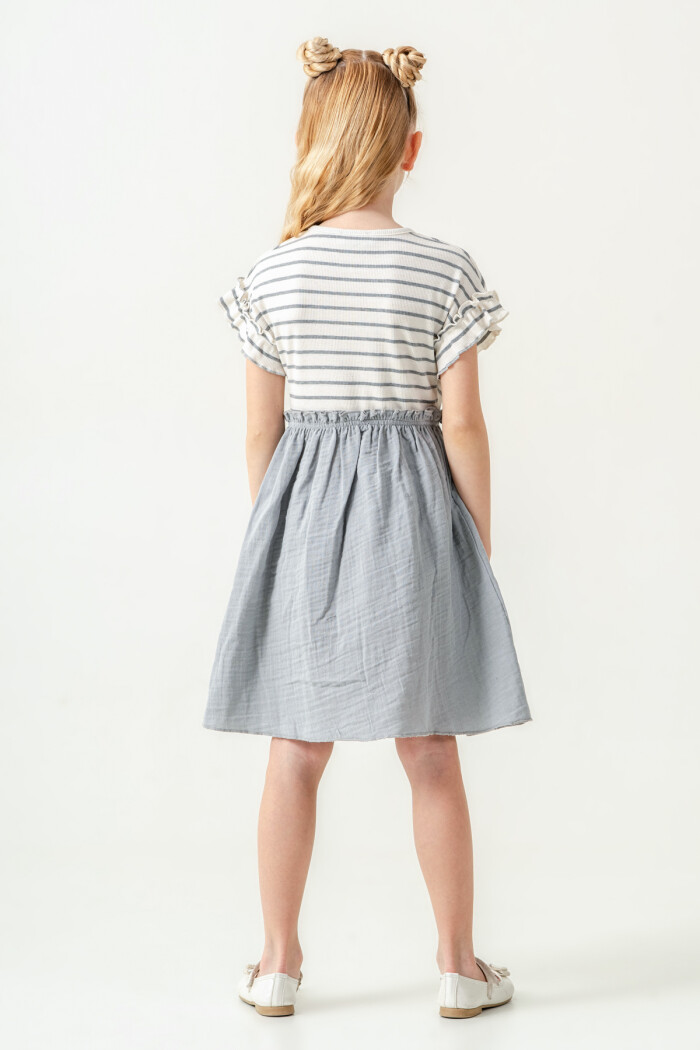 Kız Çocuk Çizgili Düğme Detaylı Elbise 3-7 Yaş Açık Gri 3800-3