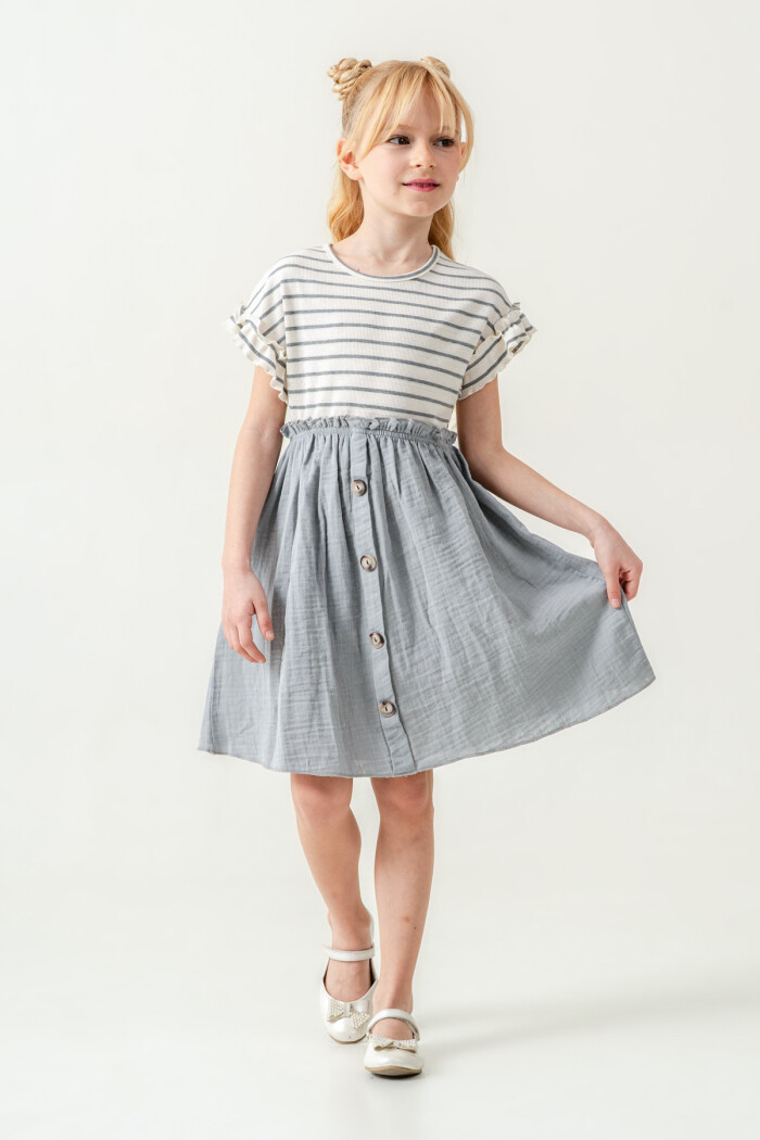 Kız Çocuk Çizgili Düğme Detaylı Elbise 3-7 Yaş Açık Gri 3800-3