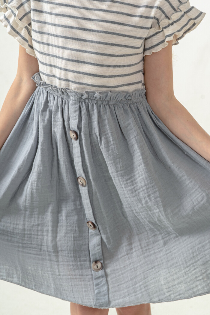 Kız Çocuk Çizgili Düğme Detaylı Elbise 3-7 Yaş Açık Gri 3800-3