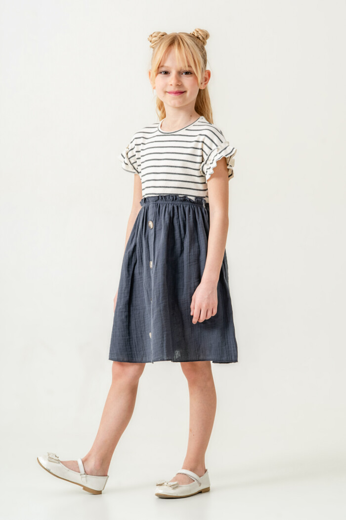 Kız Çocuk Çizgili Düğme Detaylı Elbise 3-7 Yaş Antrasit 3800-1