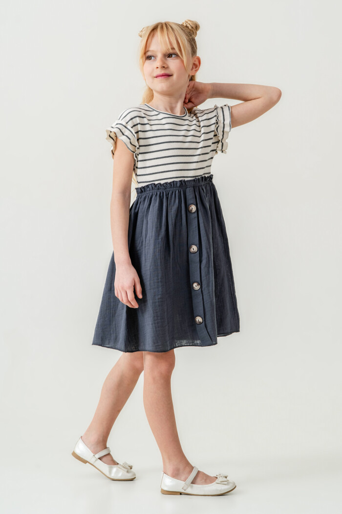 Kız Çocuk Çizgili Düğme Detaylı Elbise 3-7 Yaş Antrasit 3800-1