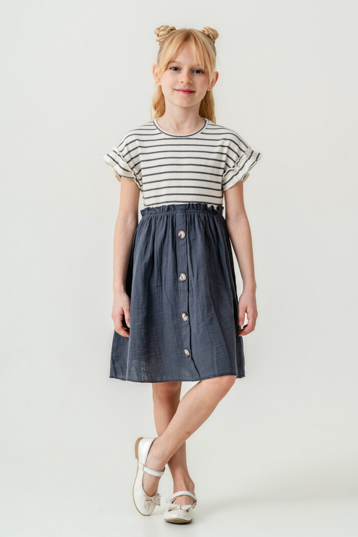 Kız Çocuk Çizgili Düğme Detaylı Elbise 3-7 Yaş Antrasit 3800-1