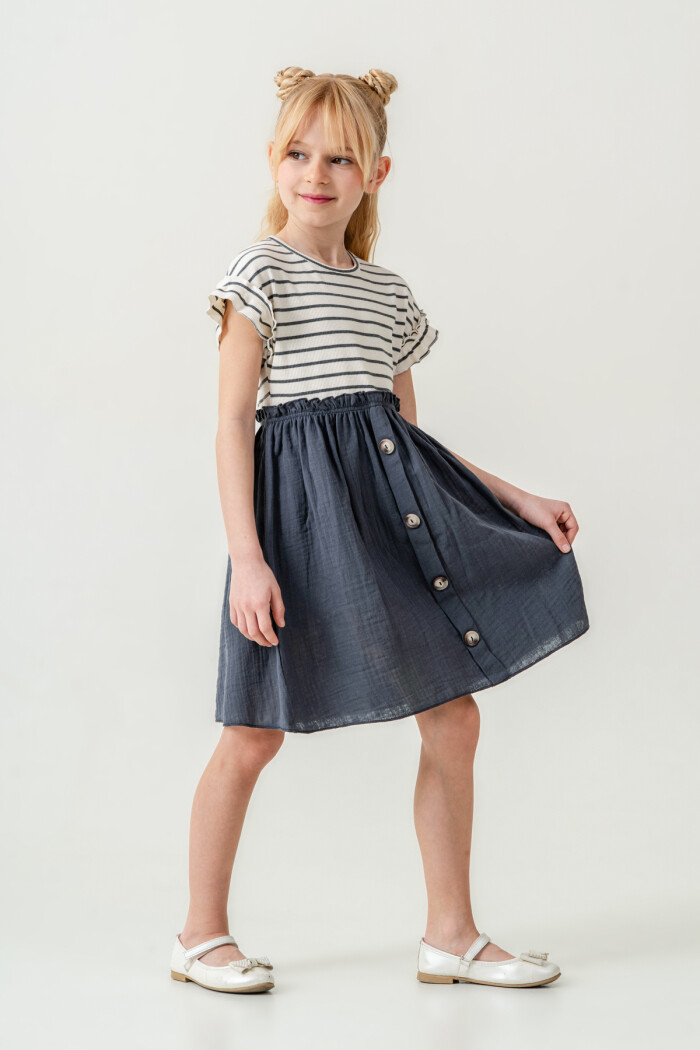 Kız Çocuk Çizgili Düğme Detaylı Elbise 3-7 Yaş Antrasit 3800-1